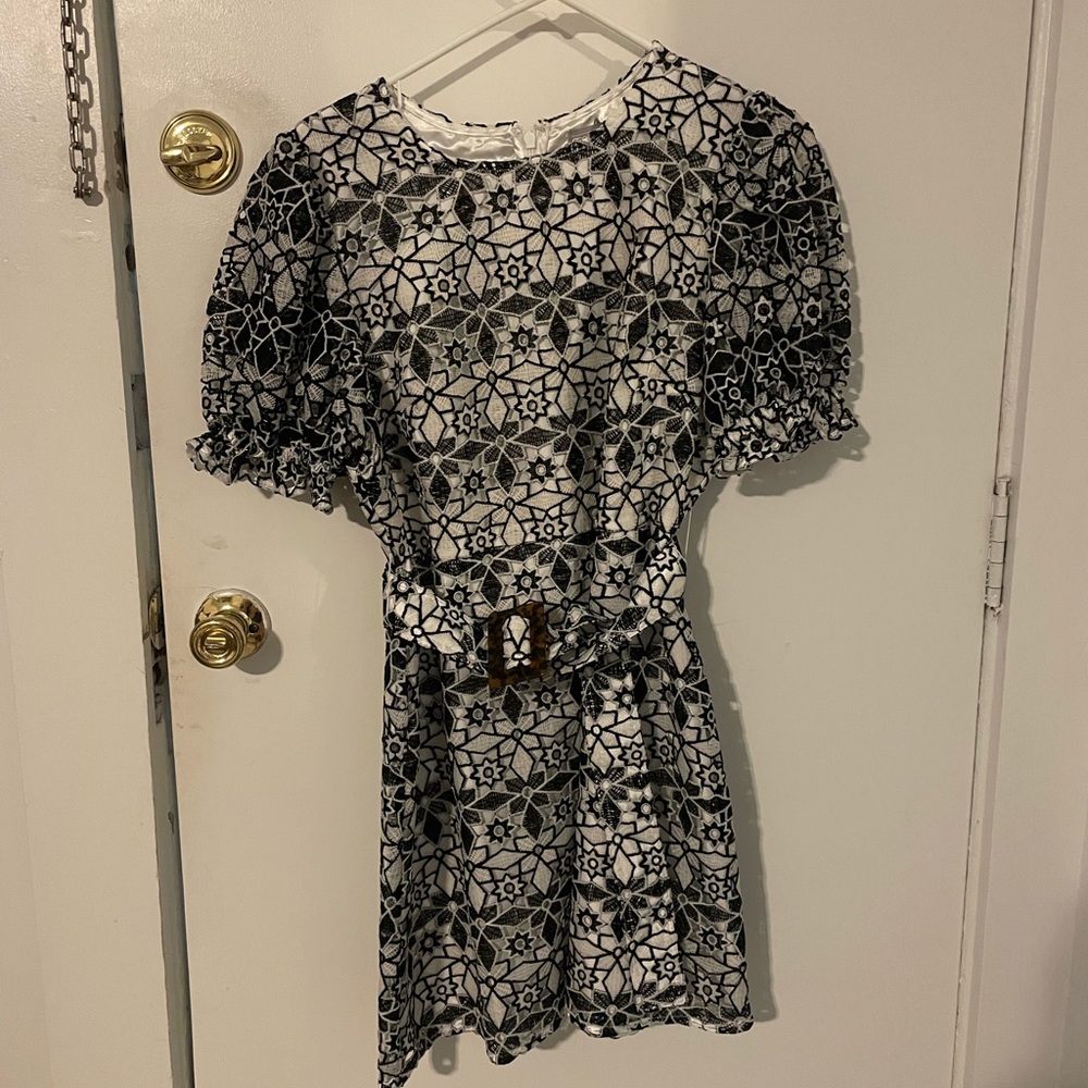 ASOS DESIGN Petite premium contrast lace mini dress with puff sleeves and belt